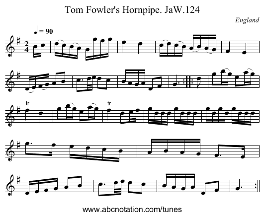 Tom Fowler's Hornpipe. JaW.124 - staff notation
