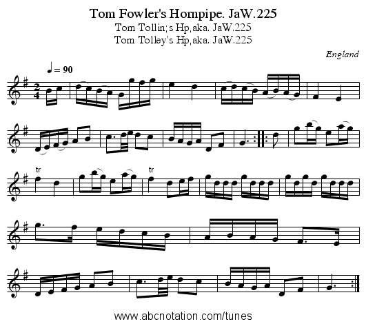 Tom Fowler's Hornpipe. JaW.225 - staff notation
