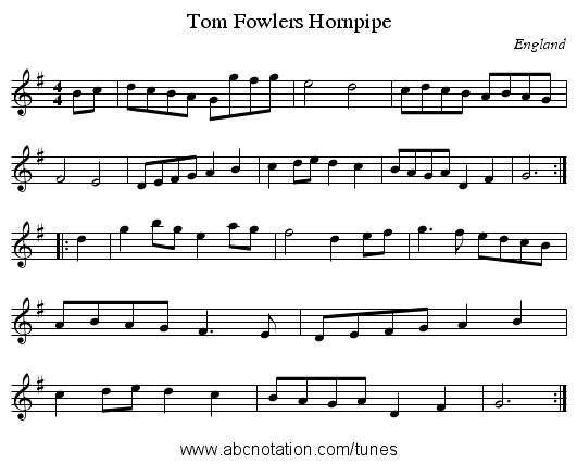 Tom Fowlers Hornpipe - staff notation