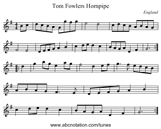 Tom Fowlers Hornpipe - staff notation