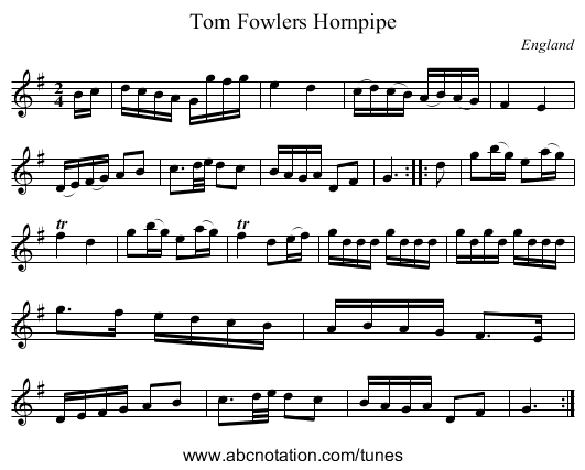 Tom Fowlers Hornpipe - staff notation