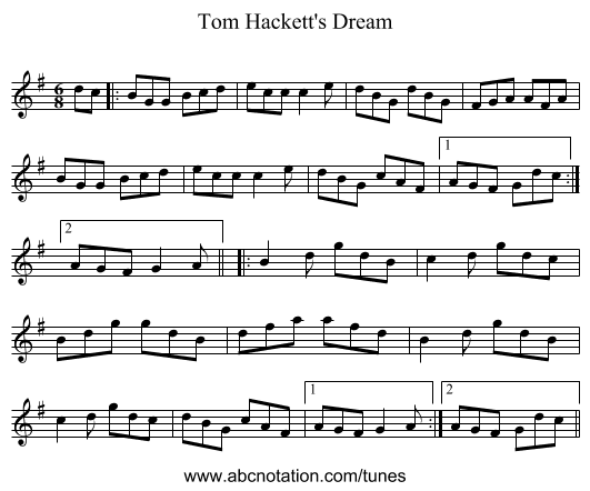 Tom Hackett's Dream - staff notation
