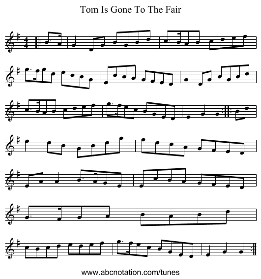 Tom Is Gone To The Fair - staff notation