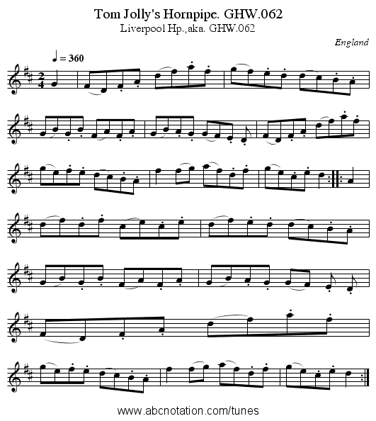 Tom Jolly's Hornpipe. GHW.062 - staff notation