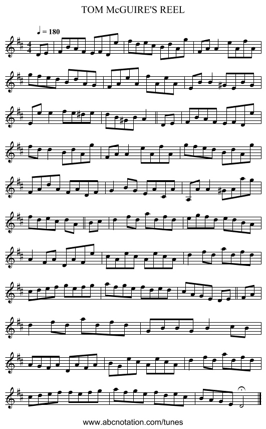 TOM McGUIRE'S REEL - staff notation