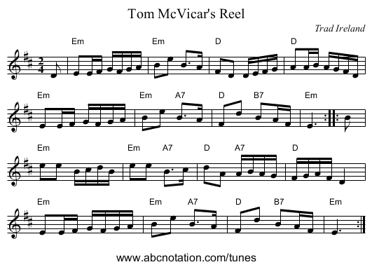 Tom McVicar's Reel - staff notation