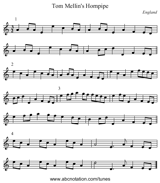 Tom Mellin's Hornpipe - staff notation