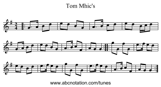Tom Mhic's - staff notation