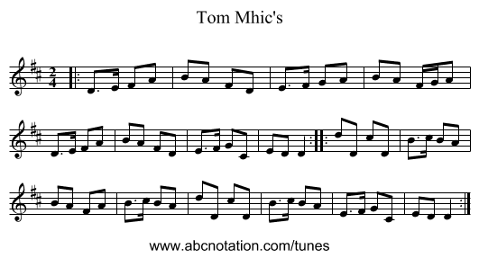 Tom Mhic's - staff notation