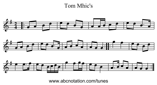 Tom Mhic's - staff notation
