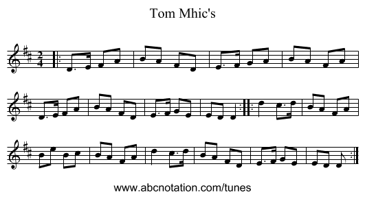 Tom Mhic's - staff notation