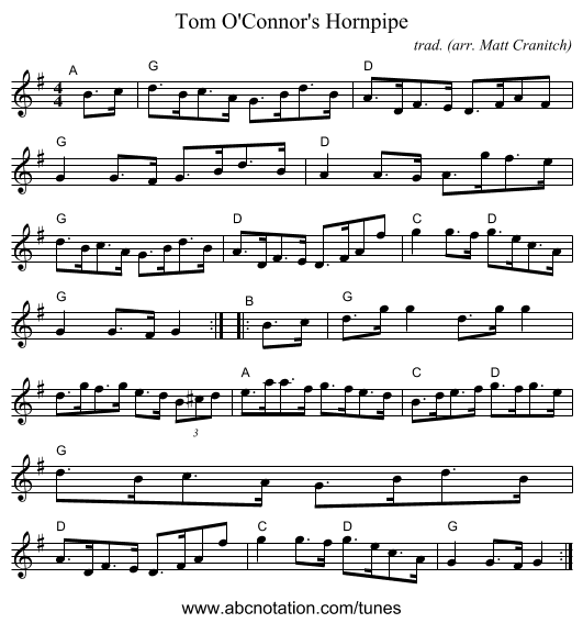 Tom O'Connor's Hornpipe - staff notation