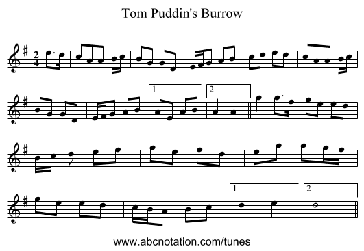 Tom Puddin's Burrow - staff notation