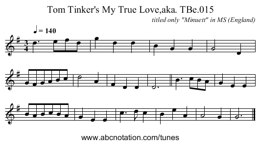 Tom Tinker's My True Love,aka. TBe.015 - staff notation