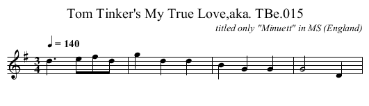 Tom Tinker's My True Love,aka. TBe.015 - staff notation