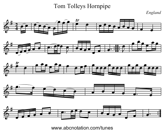 Tom Tolleys Hornpipe - staff notation