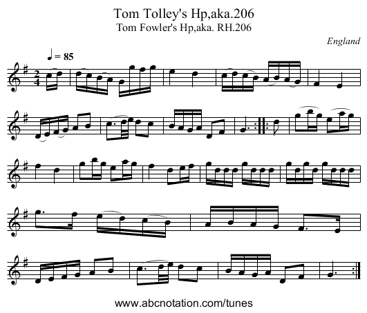 Tom Tolley's Hp,aka.206 - staff notation