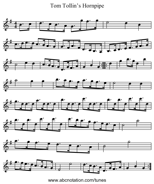 Tom Tollin’s Hornpipe - staff notation