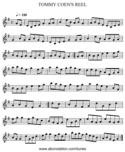 TOMMY COEN'S REEL - staff notation