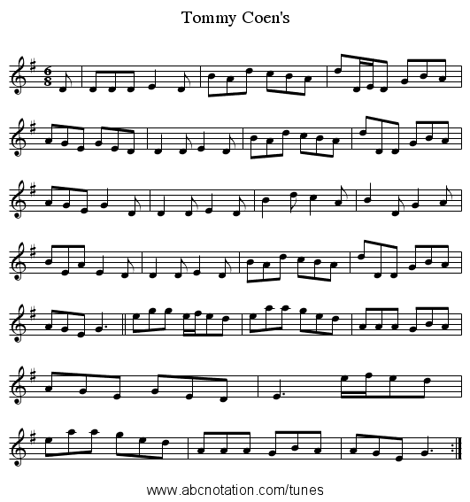 Tommy Coen's - staff notation