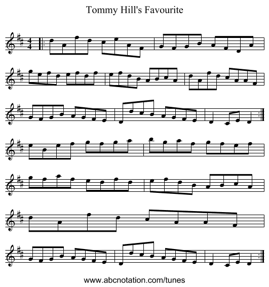 Tommy Hill's Favourite - staff notation