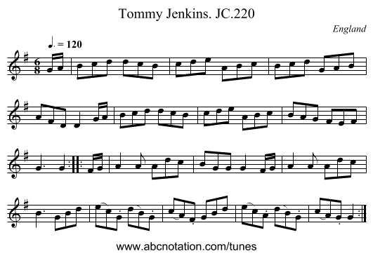 Tommy Jenkins. JC.220 - staff notation