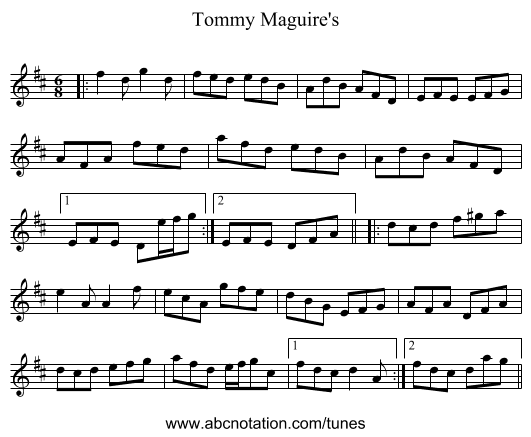 Tommy Maguire's - staff notation