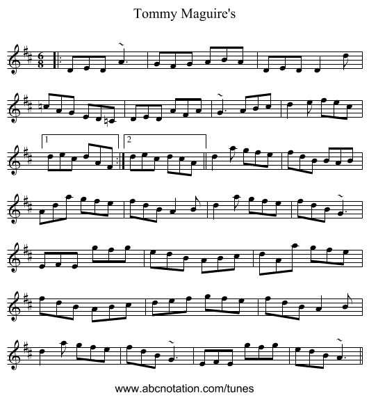 Tommy Maguire's - staff notation