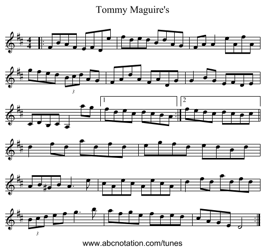 Tommy Maguire's - staff notation