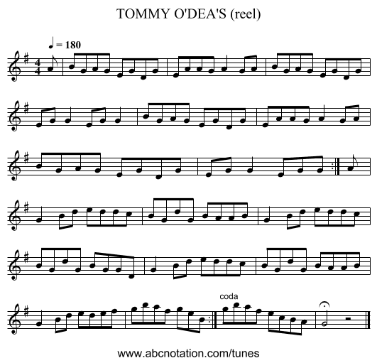 TOMMY O'DEA'S (reel) - staff notation