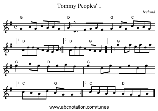 Tommy Peoples' 1 - staff notation