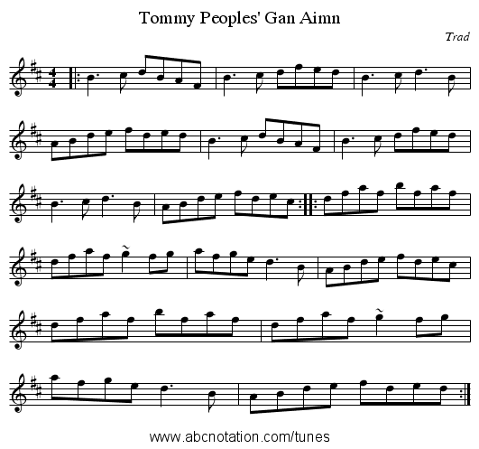 Tommy Peoples' Gan Aimn - staff notation