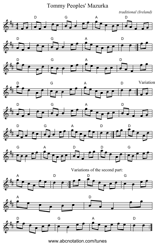 Tommy Peoples' Mazurka - staff notation