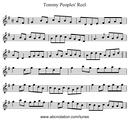Tommy Peoples' Reel - staff notation