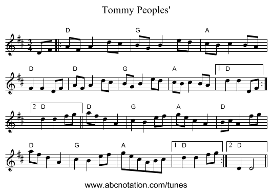 Tommy Peoples' - staff notation