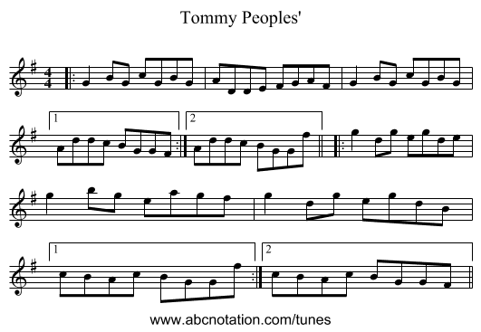 Tommy Peoples' - staff notation