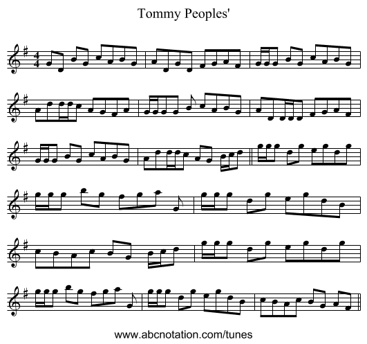 Tommy Peoples' - staff notation