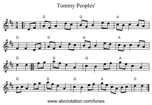 Tommy Peoples' - staff notation
