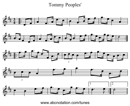 Tommy Peoples' - staff notation