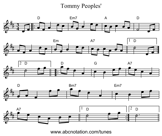 Tommy Peoples' - staff notation