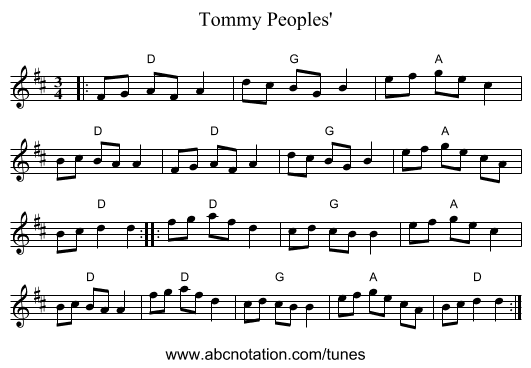 Tommy Peoples' - staff notation