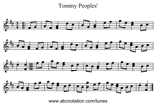 Tommy Peoples' - staff notation