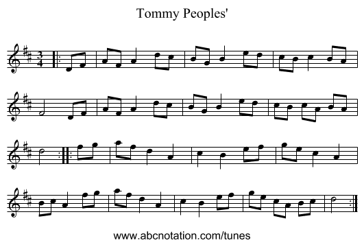 Tommy Peoples' - staff notation