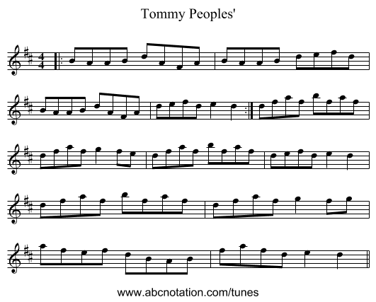 Tommy Peoples' - staff notation