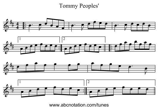 Tommy Peoples' - staff notation