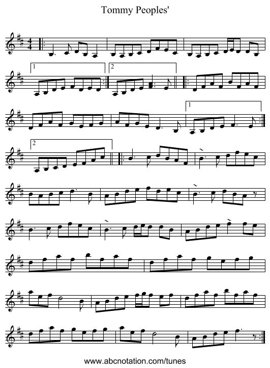 Tommy Peoples' - staff notation