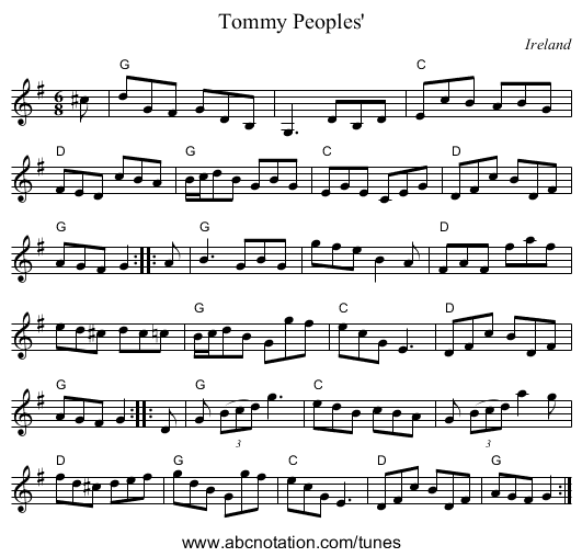 Tommy Peoples' - staff notation
