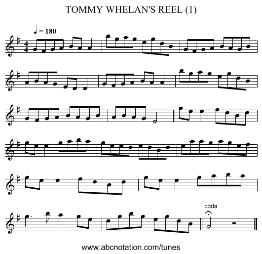 TOMMY WHELAN'S REEL (1) - staff notation