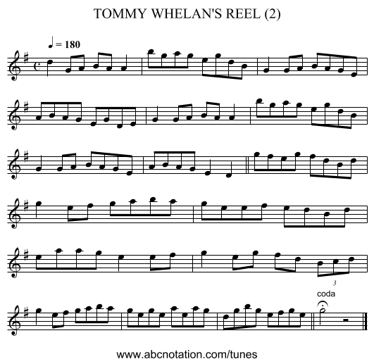 TOMMY WHELAN'S REEL (2) - staff notation