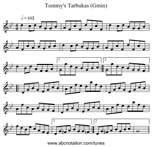 Tommy's Tarbukas (Gmin) - staff notation